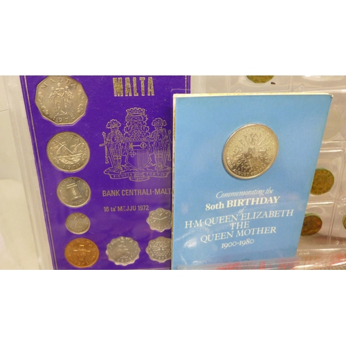 2186 - Coins; a Malta coin set, a Royal Mint 80th Birthday of The Queen Mother commemorative, sixpences, pe... 