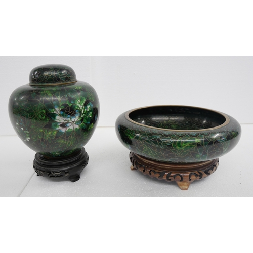 2207 - A Chinese cloisonne enamel ginger jar on a wooden stand, and a matching bowl on stand, 20.5cm bowl