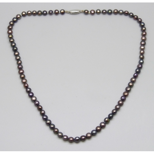 7061 - A black pearl necklace with a silver clasp, 15g, 42.5cm