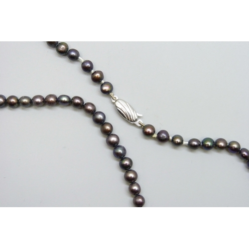 7061 - A black pearl necklace with a silver clasp, 15g, 42.5cm