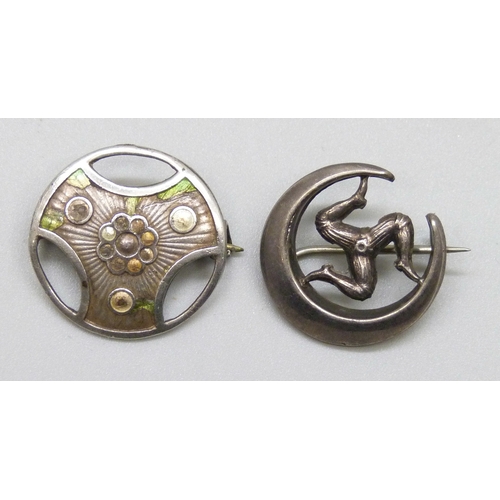7063 - Charles Horner, a silver floral design brooch, lacking enamel, Chester, 1913, 2cm, and a silver Isle... 