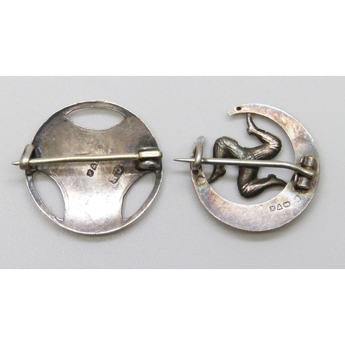7063 - Charles Horner, a silver floral design brooch, lacking enamel, Chester, 1913, 2cm, and a silver Isle... 