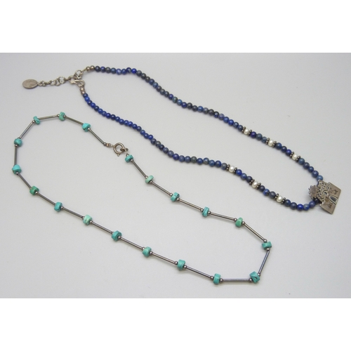 7085 - A silver and turquoise necklace, and a lapis lazuli and pearl silver necklace with pendant