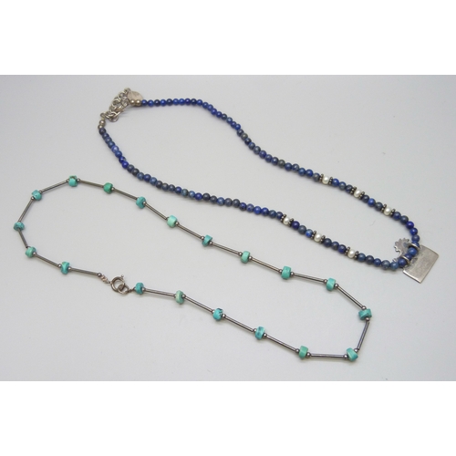 7085 - A silver and turquoise necklace, and a lapis lazuli and pearl silver necklace with pendant