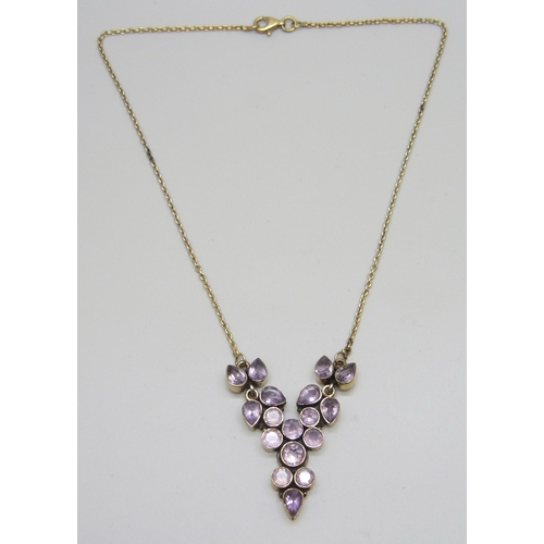 7127 - A silver gilt amethyst drop necklace, 41.5cm, repairs to attachment areas, 13g