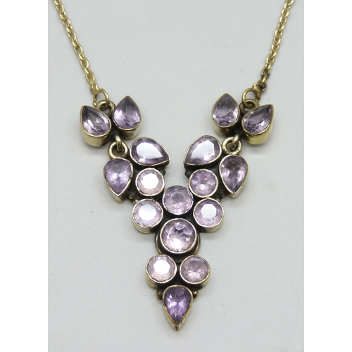 7127 - A silver gilt amethyst drop necklace, 41.5cm, repairs to attachment areas, 13g