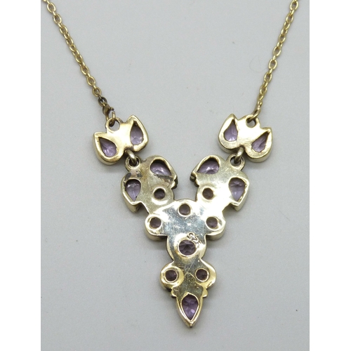 7127 - A silver gilt amethyst drop necklace, 41.5cm, repairs to attachment areas, 13g