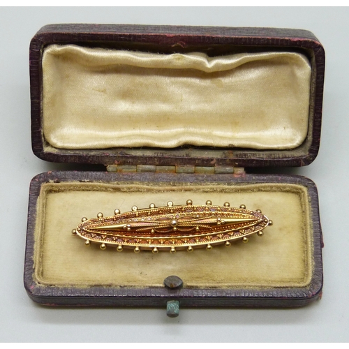 7139 - A Victorian 15ct gold bar brooch,  Birmingham, 1897, 3.2g, 4.7cm, boxed