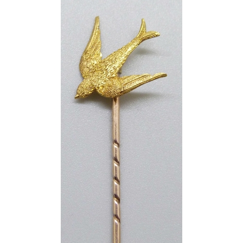 7142 - A bird design stick pin, marked SS 18, 1.1g, 5.5cm, boxed