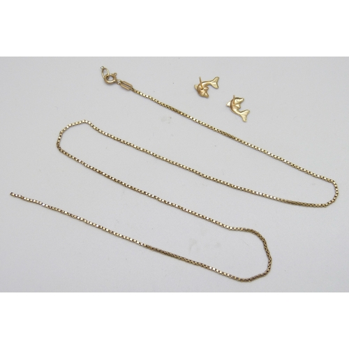 7157 - A pair of yellow metal dolphin stud earrings, and a 9ct gold necklace chain, a/f, 2.9g total