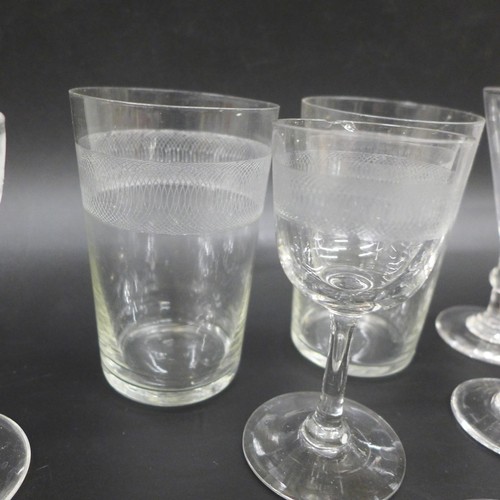 2030 - A collection of liqueur glasses, two Victorian examples and two beakers, some with etched detail, fo... 