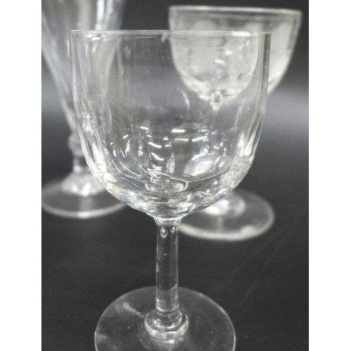 2030 - A collection of liqueur glasses, two Victorian examples and two beakers, some with etched detail, fo... 
