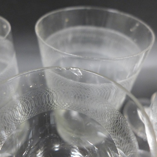 2030 - A collection of liqueur glasses, two Victorian examples and two beakers, some with etched detail, fo... 