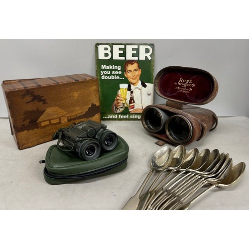 2128 - An assorted mix of items to include a wooden puzzle box, two pairs of binoculars, a collection of si... 
