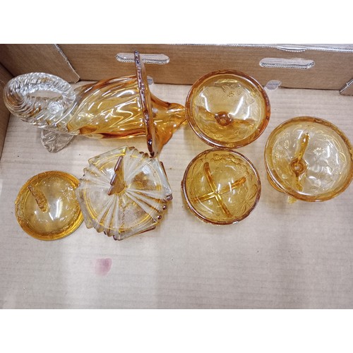 2150 - Large collection of Art Deco amber glass comprising of dressing table sets, trays, pots, candlestick... 