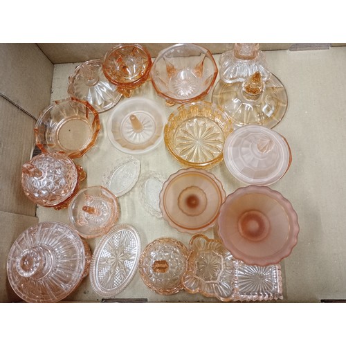 2149 - Large collection of Art Deco pink / peach glass comprising of dressing table sets, trays, candlestic... 