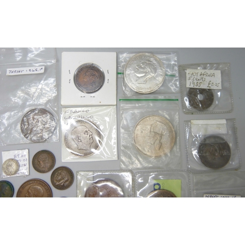 A collection of world coins including bronze Ceylon, East Africa ...