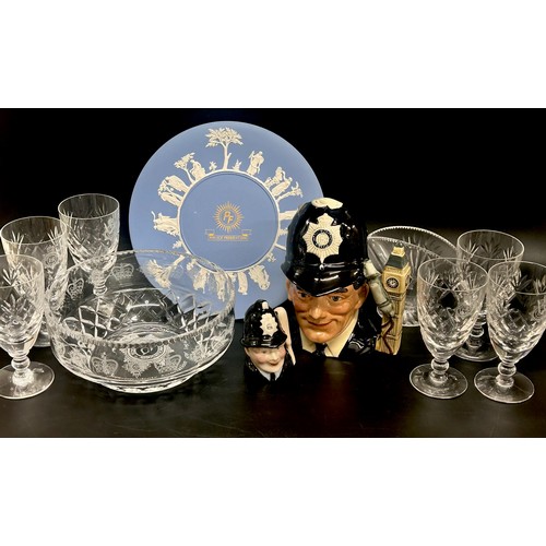 2111 - Police interest; a Royal Doulton character jug The London Bobby and one other, glassware and a Wedgw... 