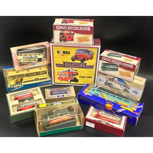 2116 - A collection of die-cast model buses and trams including Corgi Nottingham City Coaches and Skills Sc... 