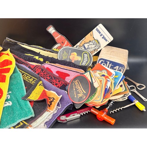 2139 - Breweriana; Ten vintage beer towels, unopened pack of beer mats and some loose, two metal bottle ope... 