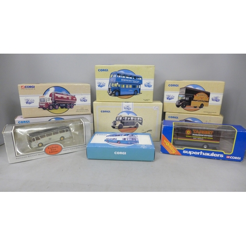 2064 - Eight Corgi model vehicles, all limited edition and boxed and an EFE model coach, boxed