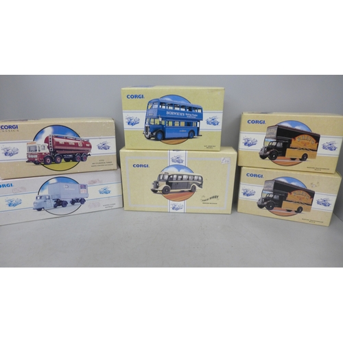 2064 - Eight Corgi model vehicles, all limited edition and boxed and an EFE model coach, boxed