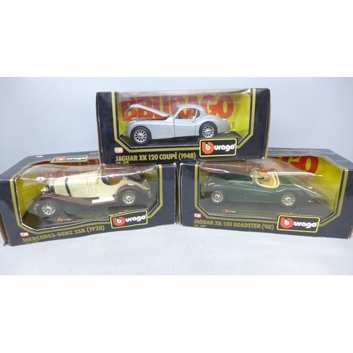 2070 - Three Burago 1/24 scale die-cast model cars, Jaguar XK120 Roadster ('48), Jaguar XK120 coupé (1948) ... 