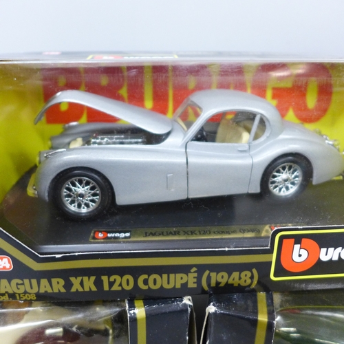 2070 - Three Burago 1/24 scale die-cast model cars, Jaguar XK120 Roadster ('48), Jaguar XK120 coupé (1948) ... 