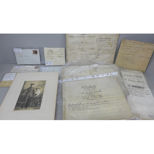 2074 - A collection of mixed ephemera to include Victorian indentures, letters, photographs, other document... 