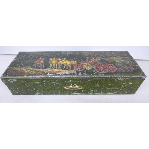 2080 - A Huntley and Palmer biscuit tin, a white metal spoon and ice nips, and some plated flatware