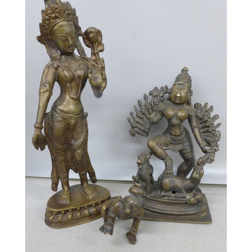 2081 - Three bronze Eastern figures including Hindu Goddess Durga, tallest 30cm