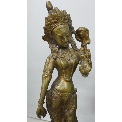 2081 - Three bronze Eastern figures including Hindu Goddess Durga, tallest 30cm