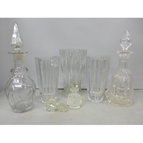 2081A - Two glass decanters, a pair of glass vases, one other vase, a scent bottle and a stopper