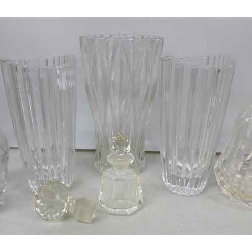 2081A - Two glass decanters, a pair of glass vases, one other vase, a scent bottle and a stopper