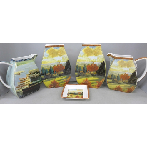 2082 - A pair of Border Fine Arts Sir Winston Churchill View at Chartwell vases, a similar jug and small tr... 