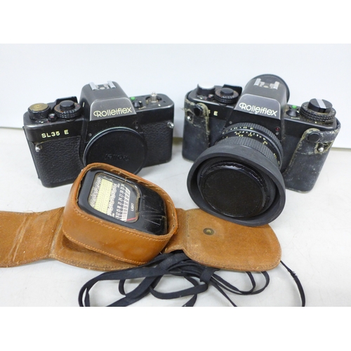 2093 - Two Rolleiflex SL35E camera bodies, one with attached Rollei Planar 1.8/50 lens