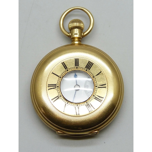 7255 - An 18ct gold half hunter pocket watch with engraved design and enamel numerals, hallmarks worn, pers...