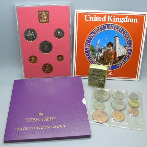 2232 - A Royal Mint Golden Jubilee crown, other coins and a lighter *Not for Posting and Packing*