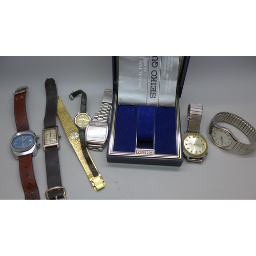 2236 - A collection of wristwatches, Tavannes tank shape, Seiko digital with box, Memostar alarm, etc.