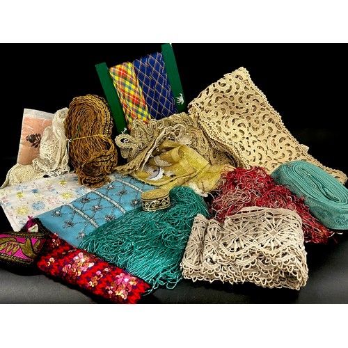 2132 - Two boxes of vintage lace, beadwork and haberdashery