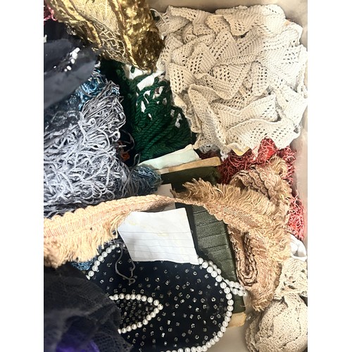 2132 - Two boxes of vintage lace, beadwork and haberdashery