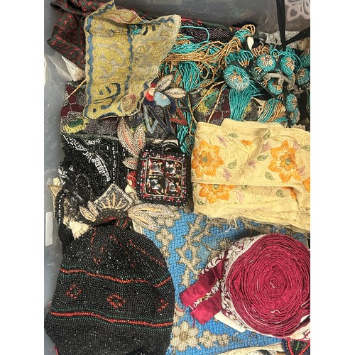 2132 - Two boxes of vintage lace, beadwork and haberdashery