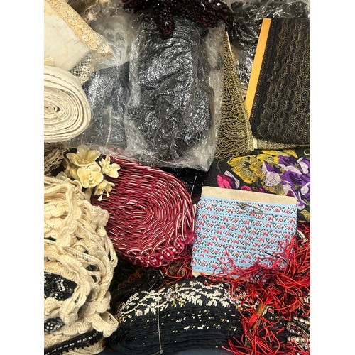2132 - Two boxes of vintage lace, beadwork and haberdashery