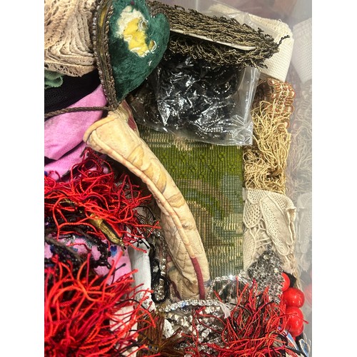 2132 - Two boxes of vintage lace, beadwork and haberdashery