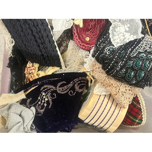 2132 - Two boxes of vintage lace, beadwork and haberdashery