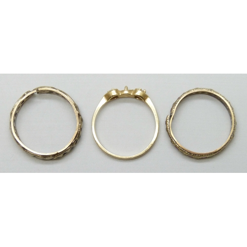 7008 - A 10k gold ring, 1.1g, a 9ct gold ring, 2.2g, and a yellow and white metal ring, 1.4g, all a/f