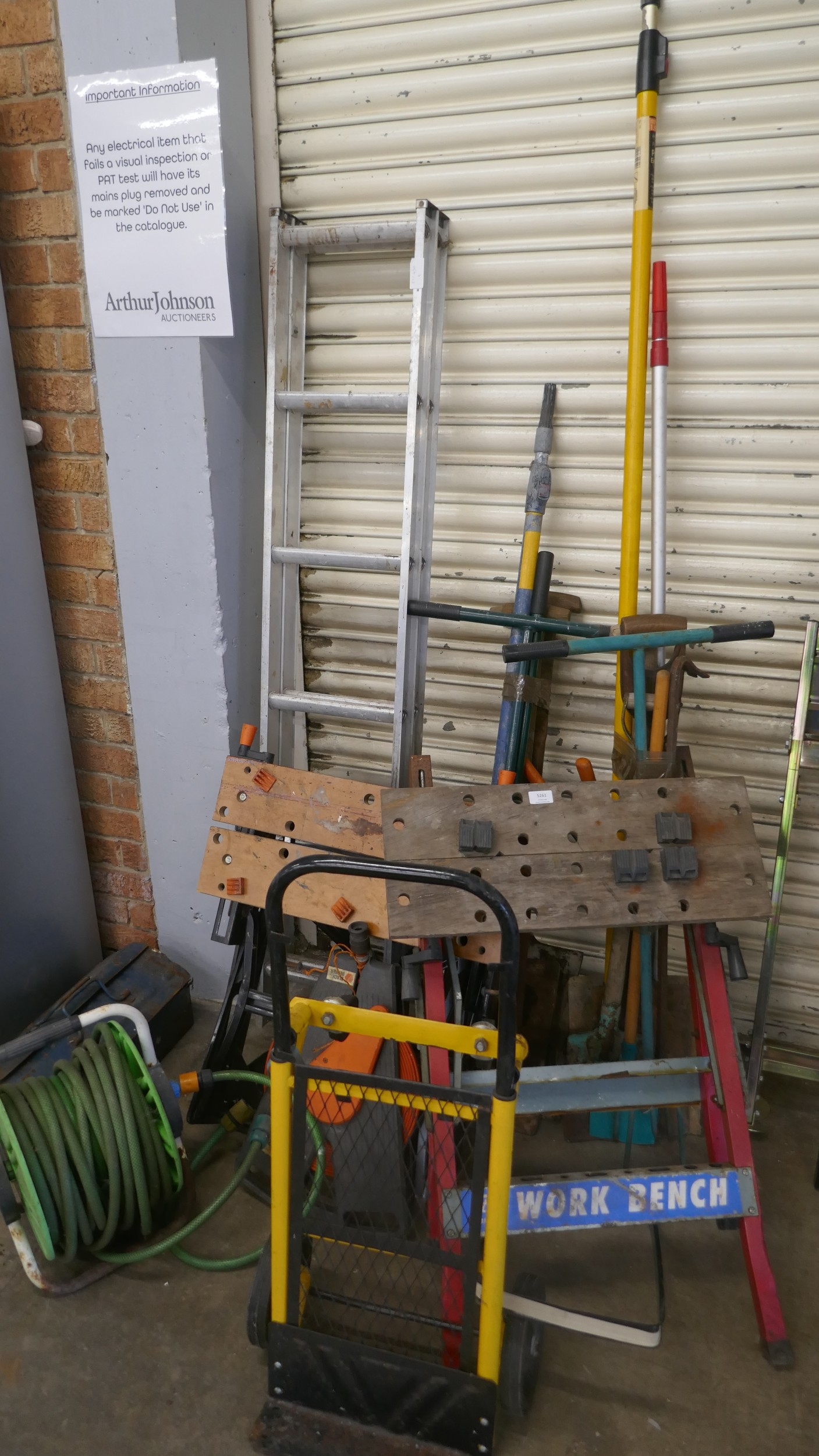 A quantity of assorted tools including Workmate, sack truck, cantilever ...