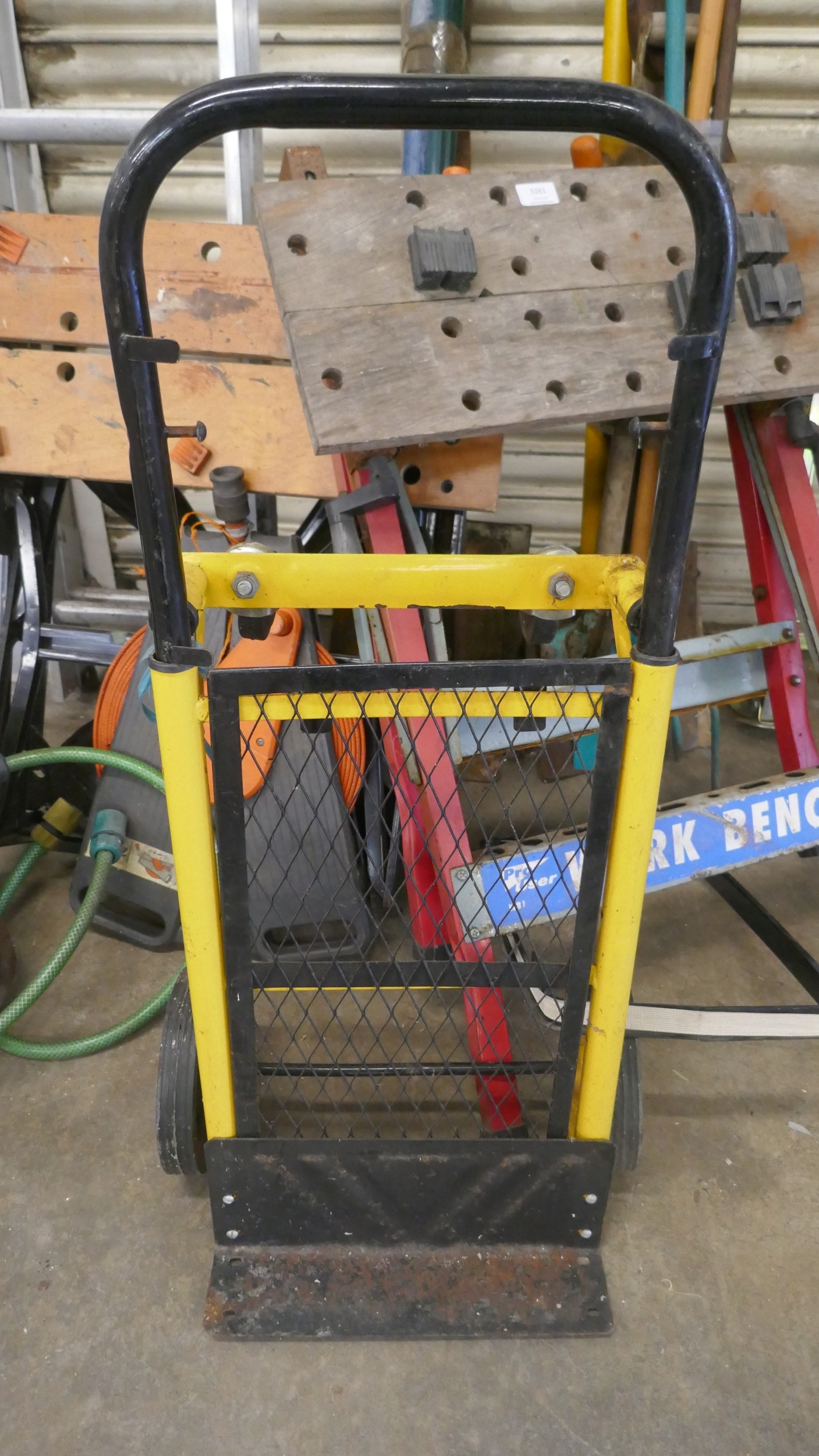 A quantity of assorted tools including Workmate, sack truck, cantilever ...