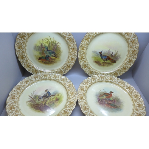 2001 - Royal Worcester Vitreous plates with hand painted game bird detail, circa 1900, 23cm
