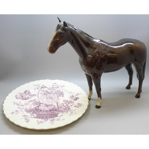 2014 - A Clarice Cliff ‘Charlotte’ plate with a large Beswick horse, (a/f chip on ear)
